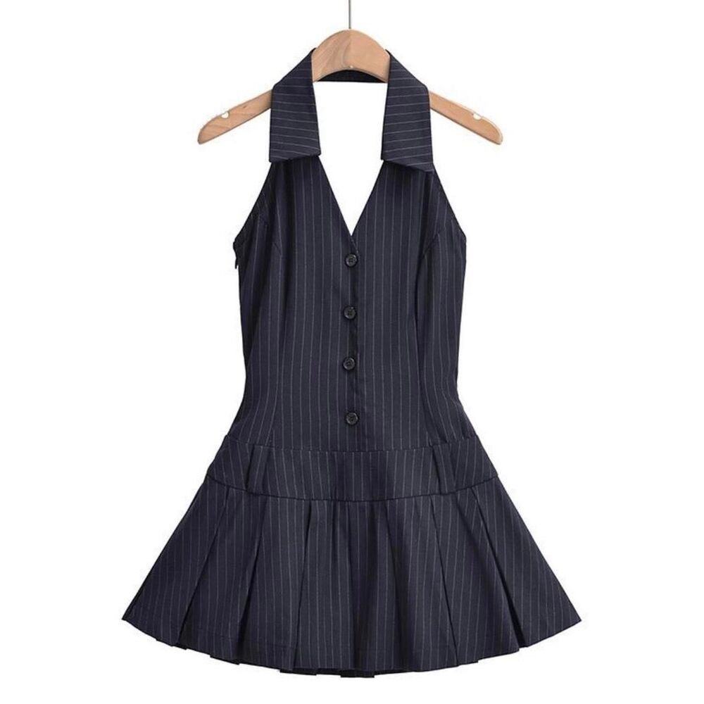 K-pop style pinstripe halter dress